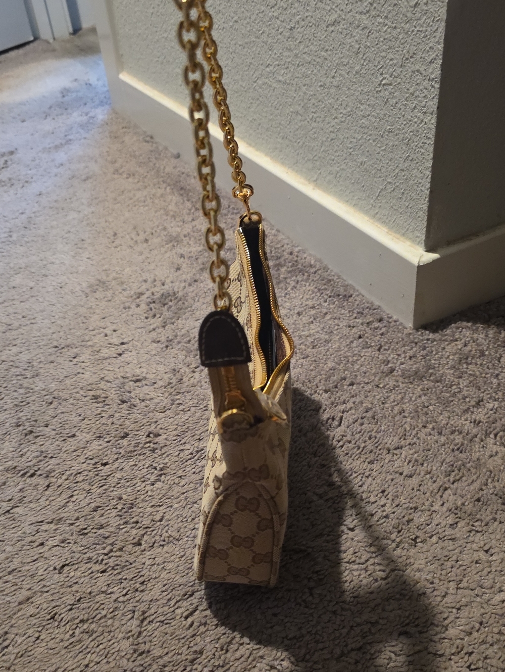 Beige Canvas Chain Shoulder Bag